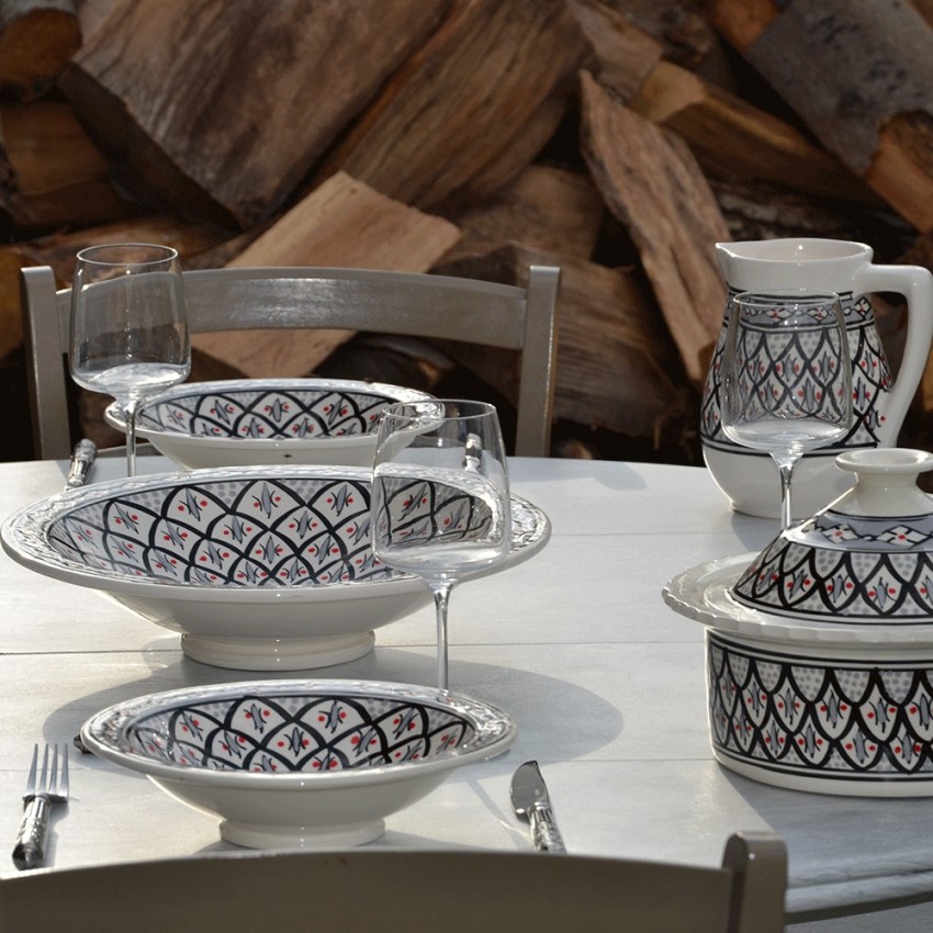 Service à Couscous Bakir - 4 Assiettes Jattes + 1 Plat Jatte - Gris Et Rouge - Pour 4 Personnes - Lave-vaisselle & Micro-ondes